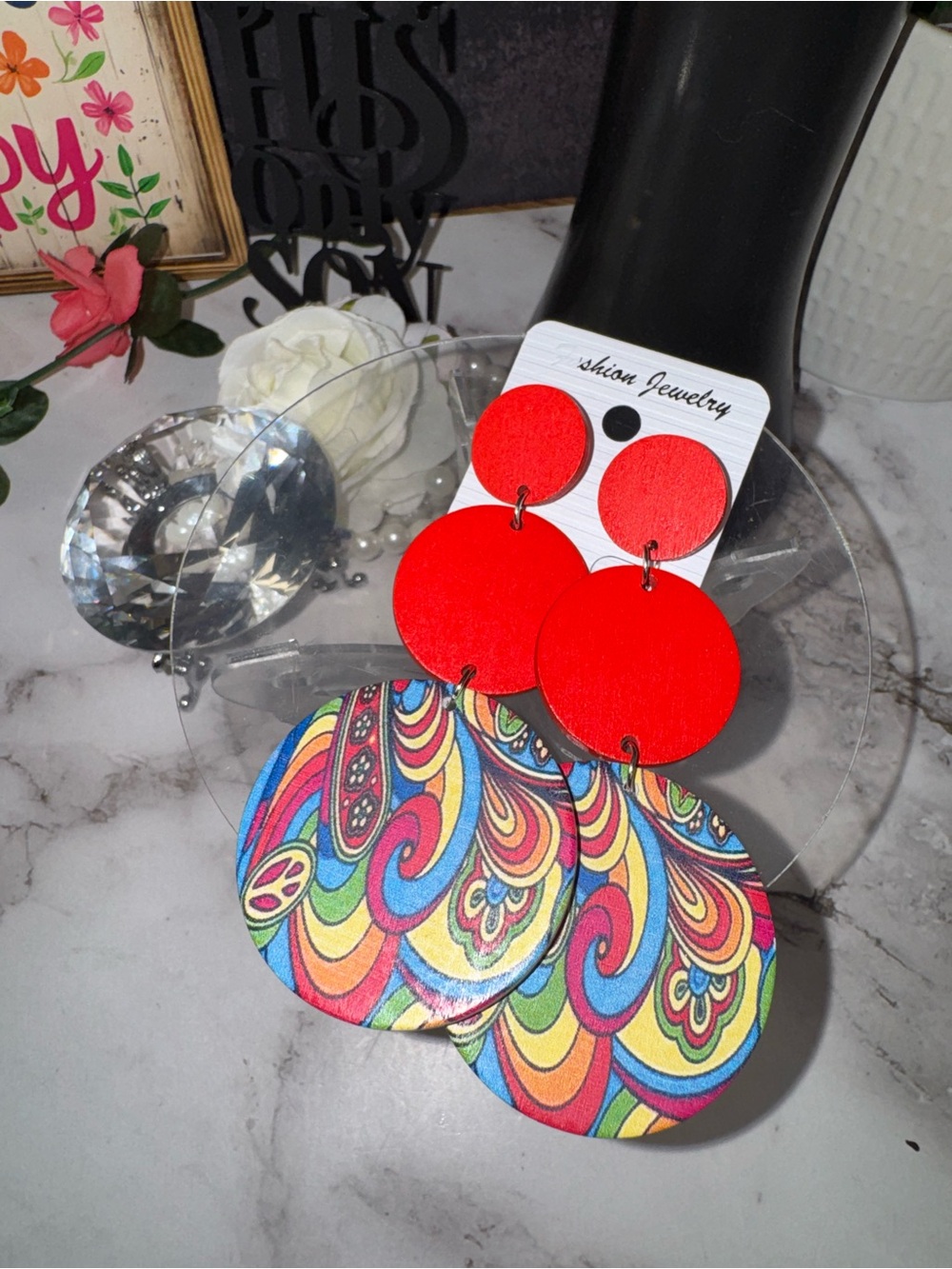 Fashion Jewelry Red & Multicolor Paisley Layered Drop Earrings